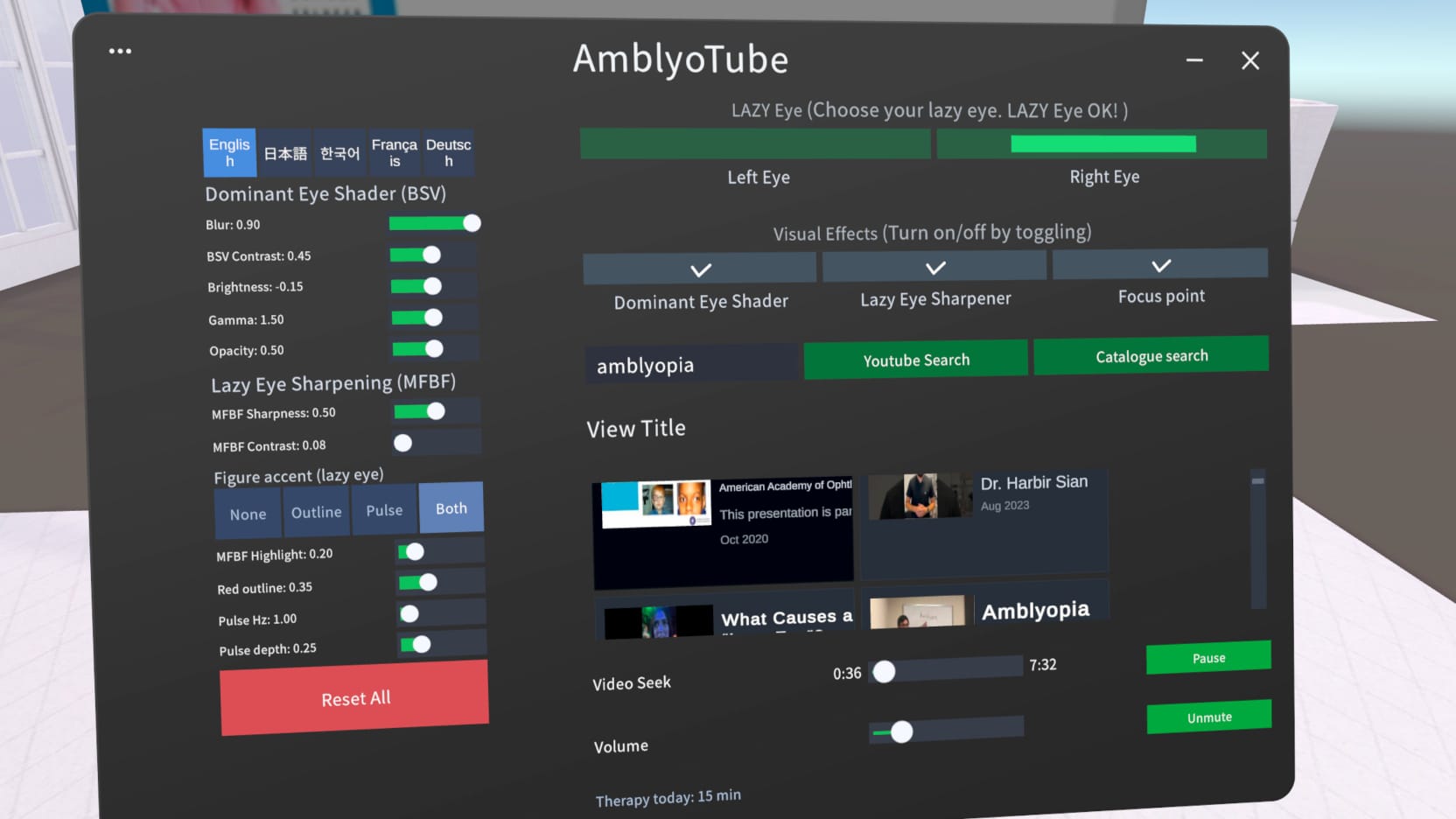 Amblyotube control panel showing Lazy Eye selection, Visual Effects toggles, Dominant Eye Shader and Lazy Eye Sharpening sliders, Search/Catalog, video grid, and playback controls